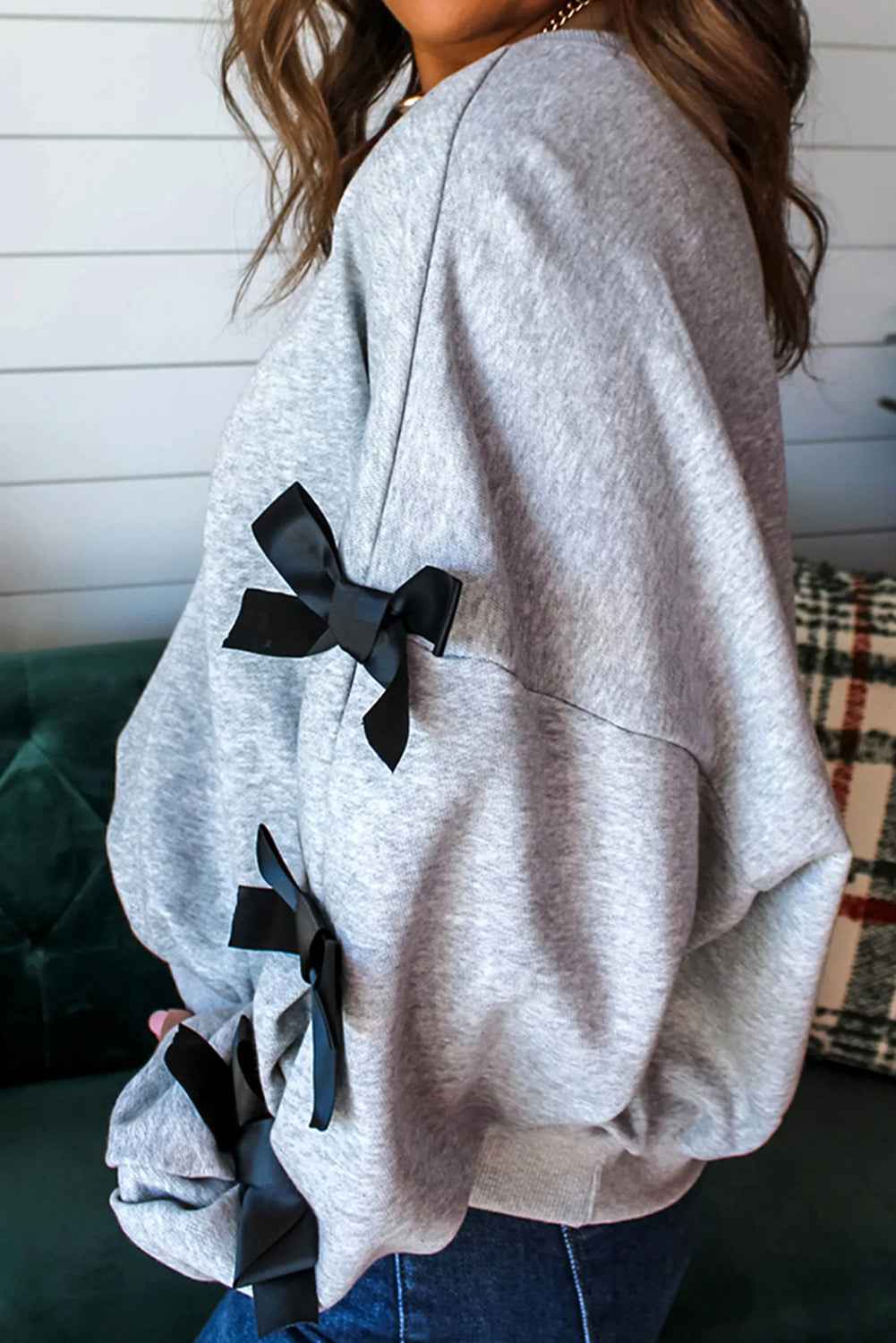 Merry Merry Christmas Terry Flocked Ribbon Sleeve Sweatshirt – Velvet Stardust Co. - Velvet Stardust Co.
