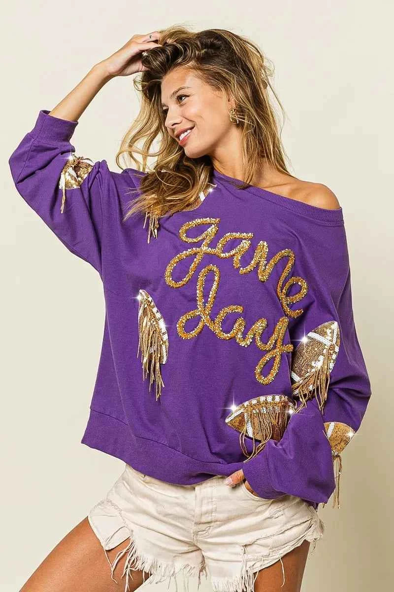 BiBi Sequin Football Patches Game Day Sweatshirt - Velvet Stardust Co.