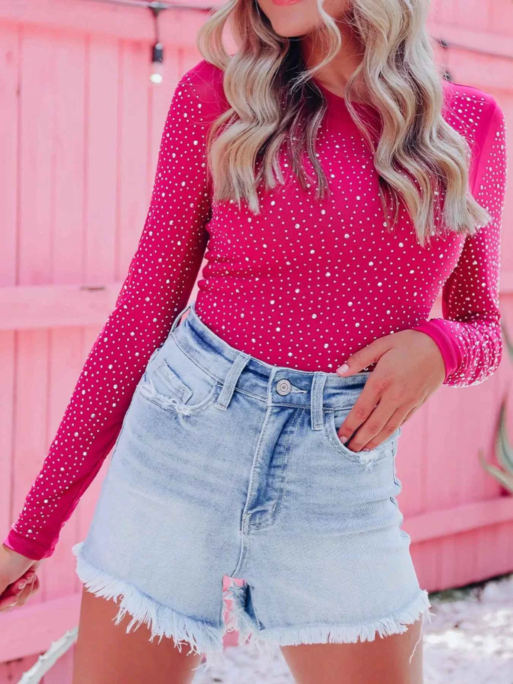 Rhinestone Round Neck Long Sleeve Bodysuit - Velvet Stardust Co.