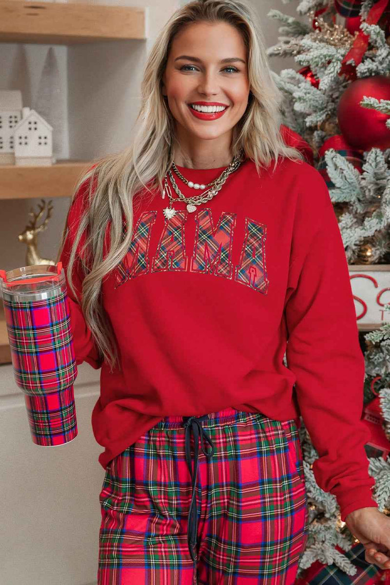 Red Plaid MAMA Graphic Christmas Holiday Crewneck Pullover and Pants Lounge Set