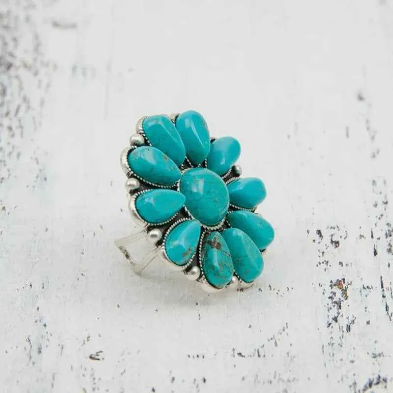 Turquoise Alloy Flower Ring - Velvet Stardust Co. - Velvet Stardust Co.