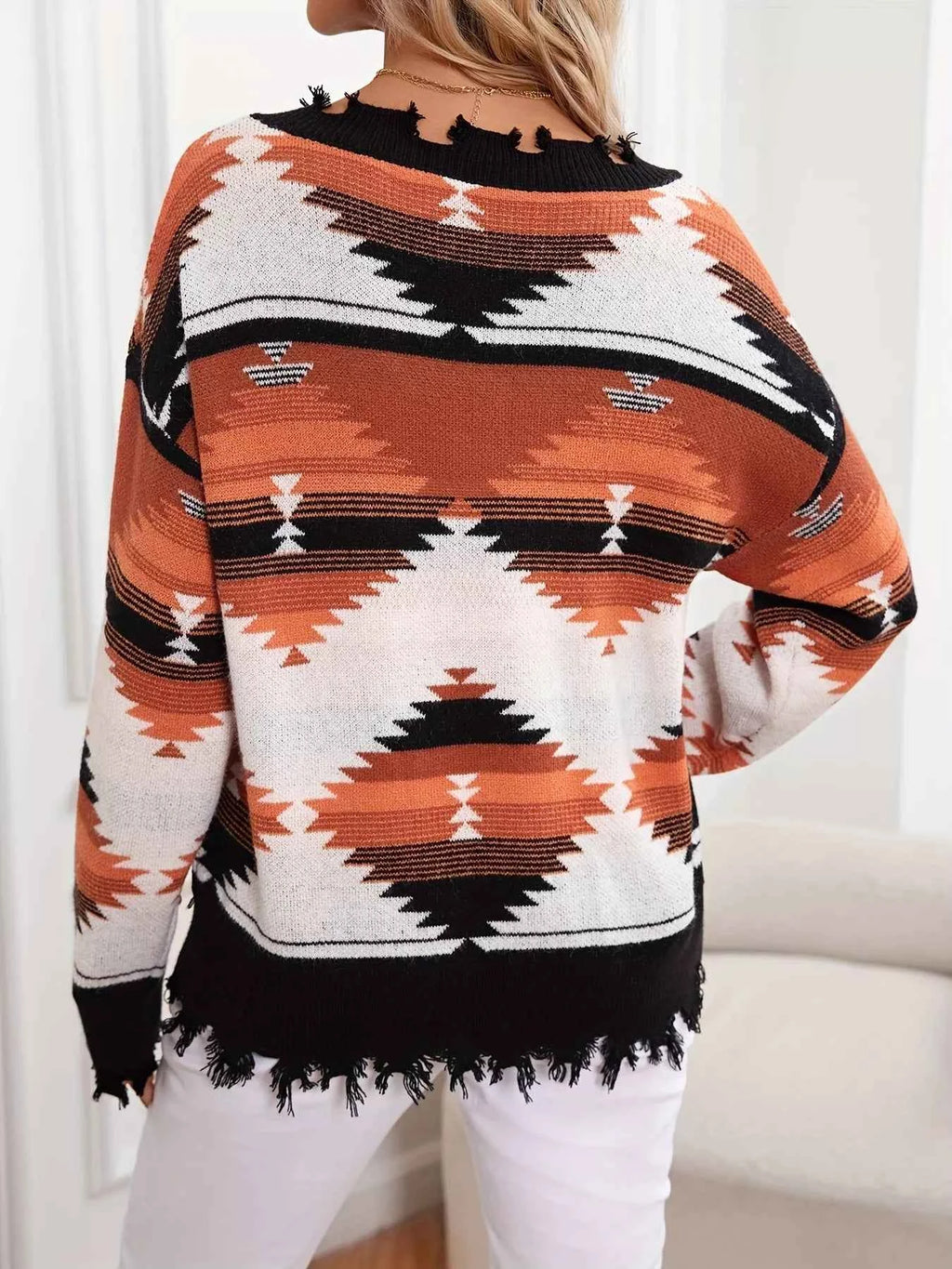 Geometric Frayed Hem V-Neck Long Sleeve Sweater - Velvet Stardust Co.