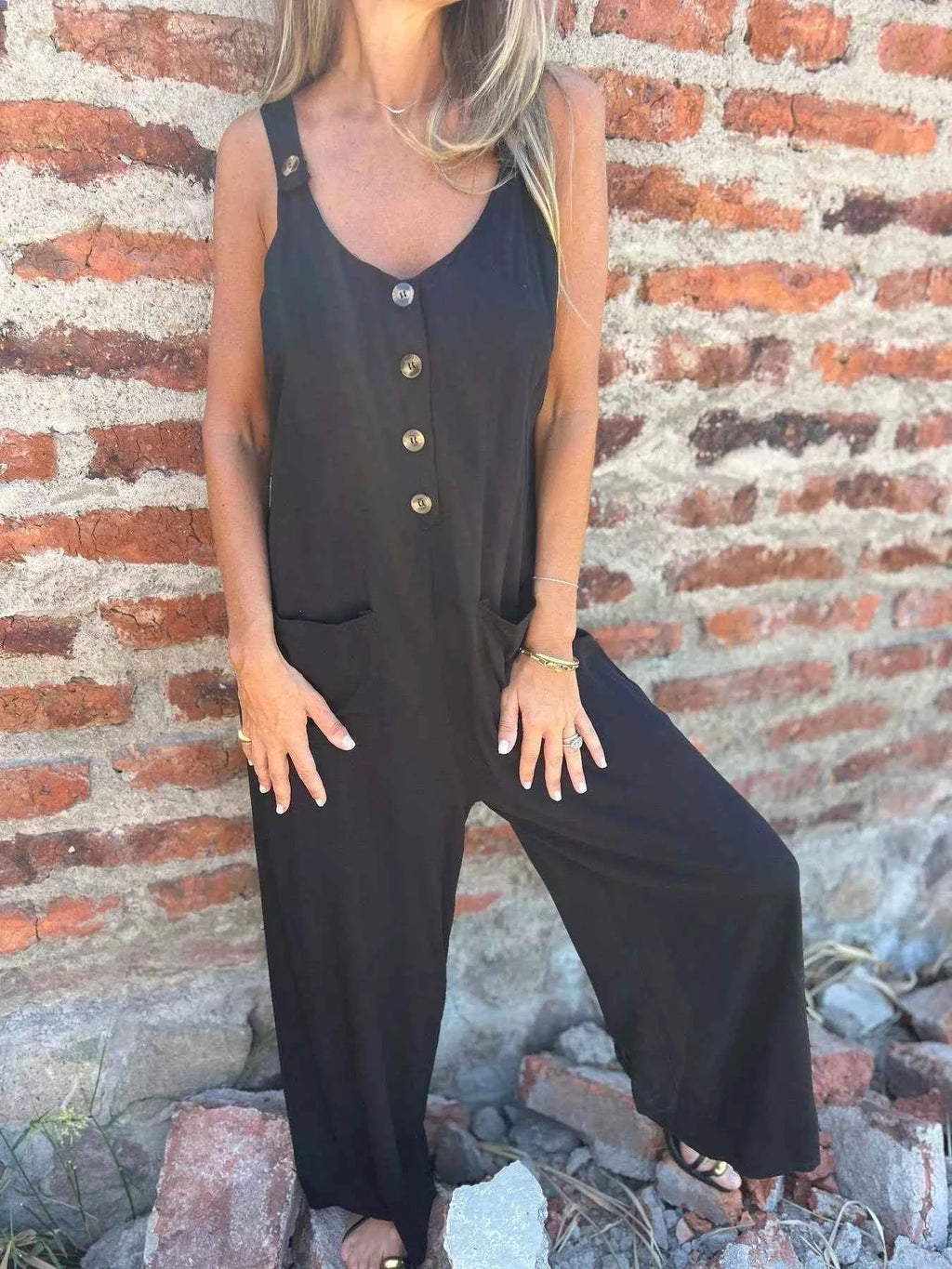 Full Size Button-Front Wide Leg Jumpsuit Plus Size - Velvet Stardust Co.