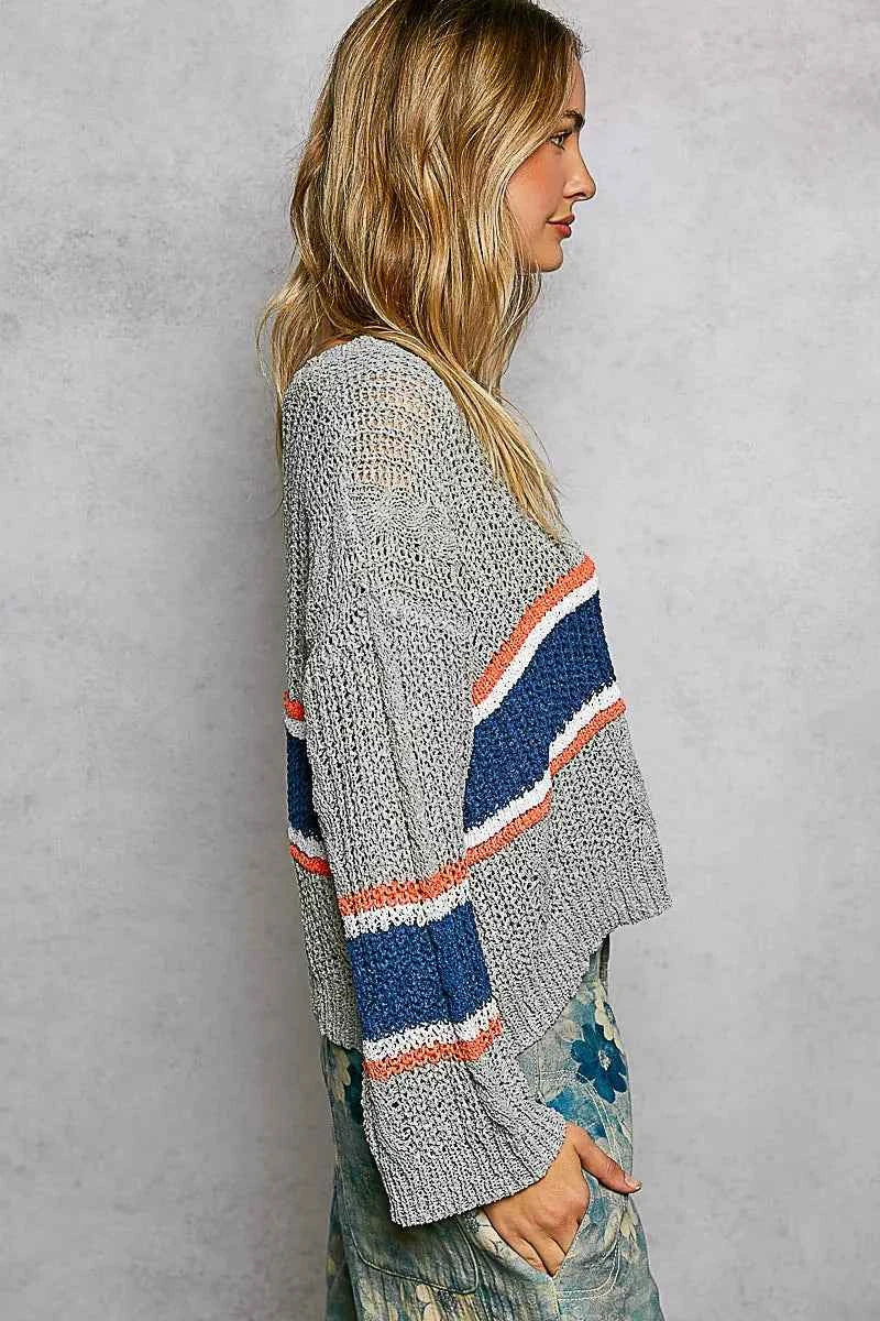 POL V-Neck Striped Pattern Cropped Knit Top with Cable Knit Detail