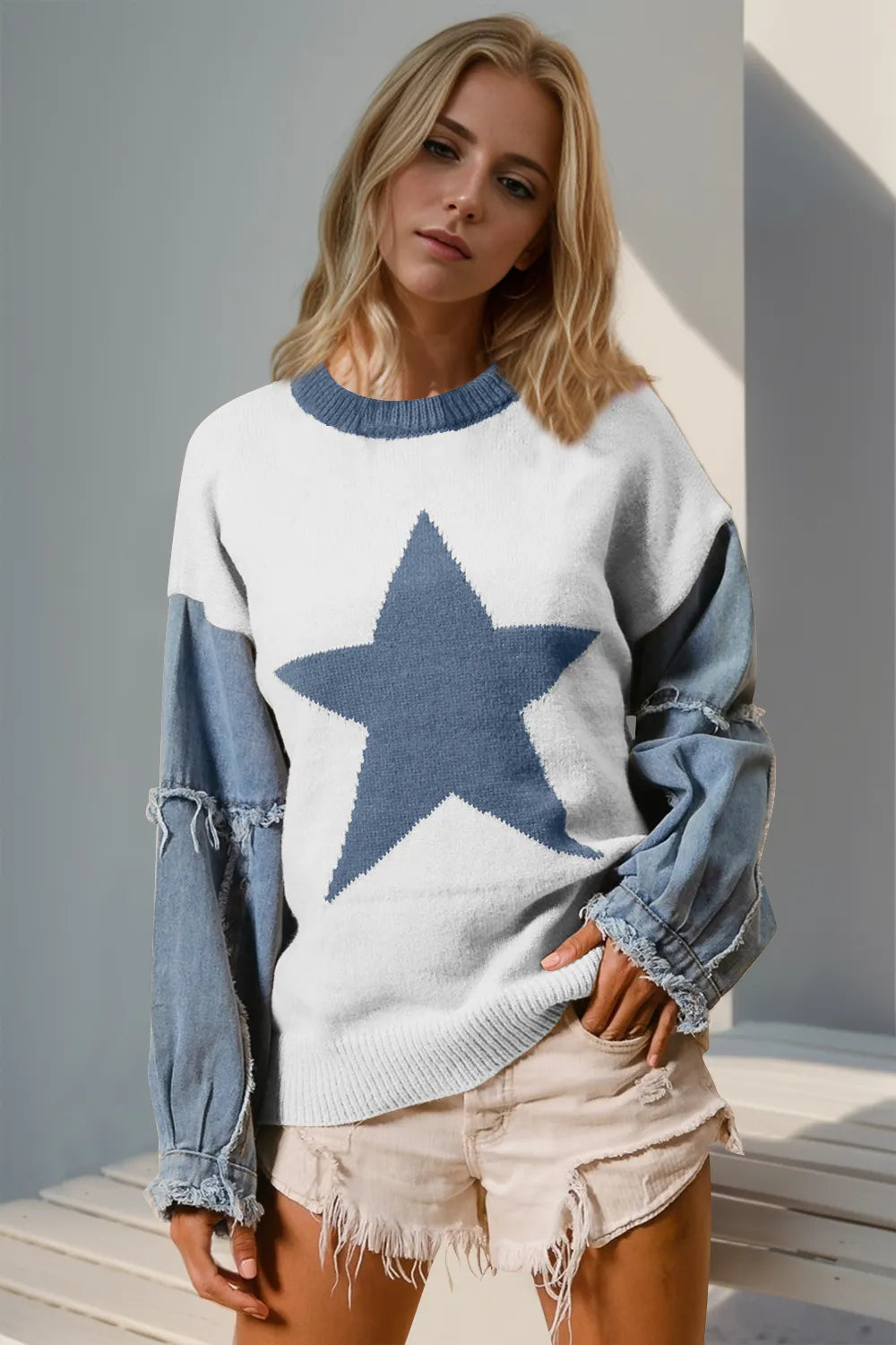Double Take Full Size Star Pattern Raw Edge Long Sleeve Sweater - Velvet Stardust Co.