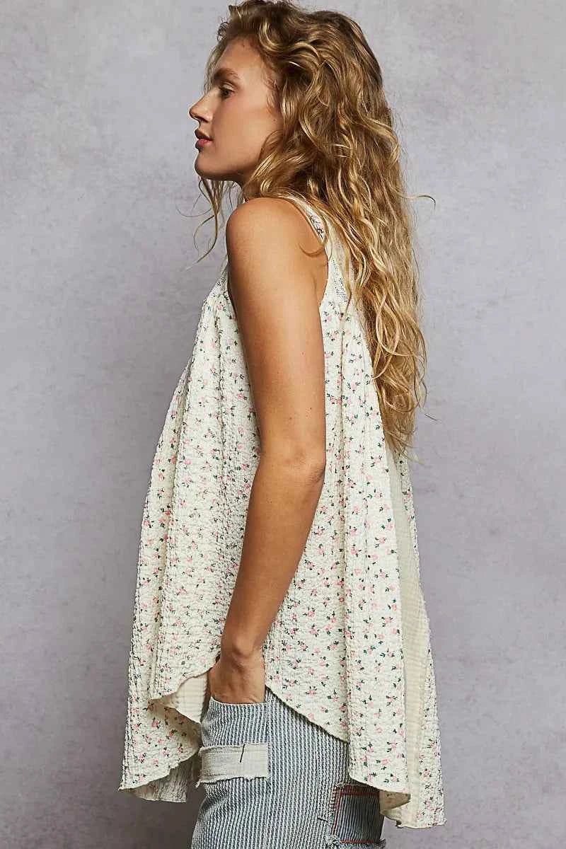 POL Floral Print Button-Front Lace Patchwork Tank Top - Velvet Stardust Co. - Velvet Stardust Co.