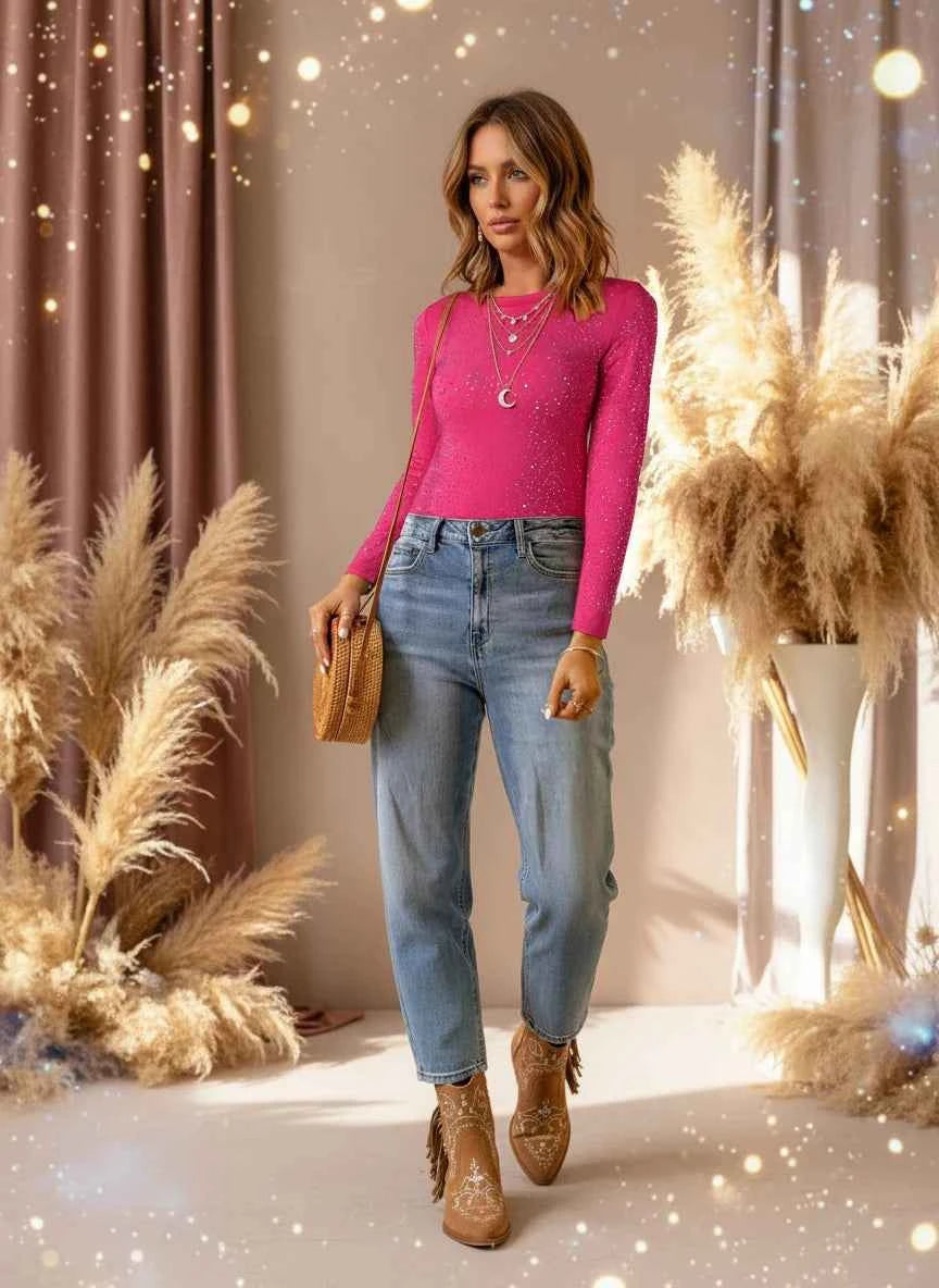 Rhinestone Round Neck Long Sleeve Bodysuit