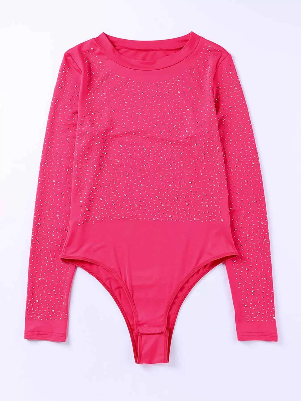 Rhinestone Round Neck Long Sleeve Bodysuit - Velvet Stardust Co.