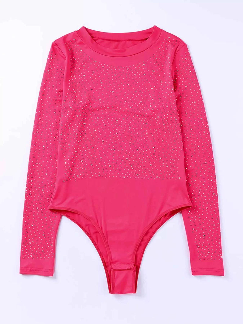 Rhinestone Round Neck Long Sleeve Bodysuit