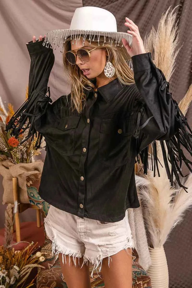 BiBi Suede Fringe Long Sleeve Jacket - Velvet Stardust Co.