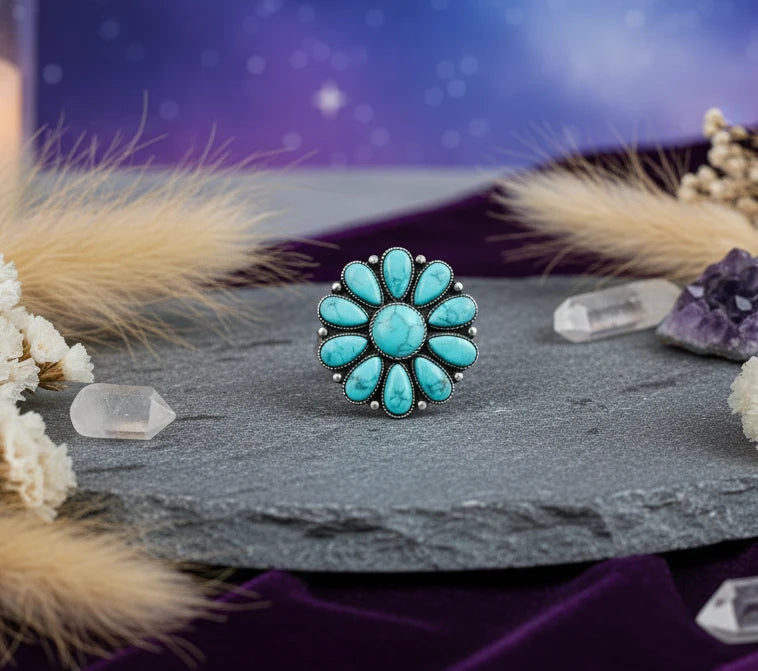 Turquoise Alloy Flower Ring - Velvet Stardust Co. - Velvet Stardust Co.