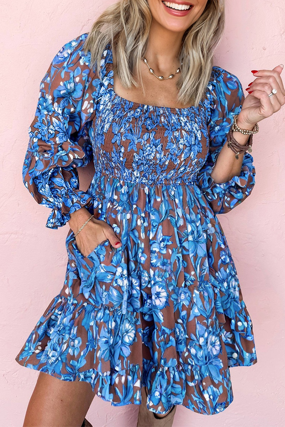 Blue Smocked Bodice High Waist Ruffled Sleeve Floral Dress - Velvet Stardust Co.