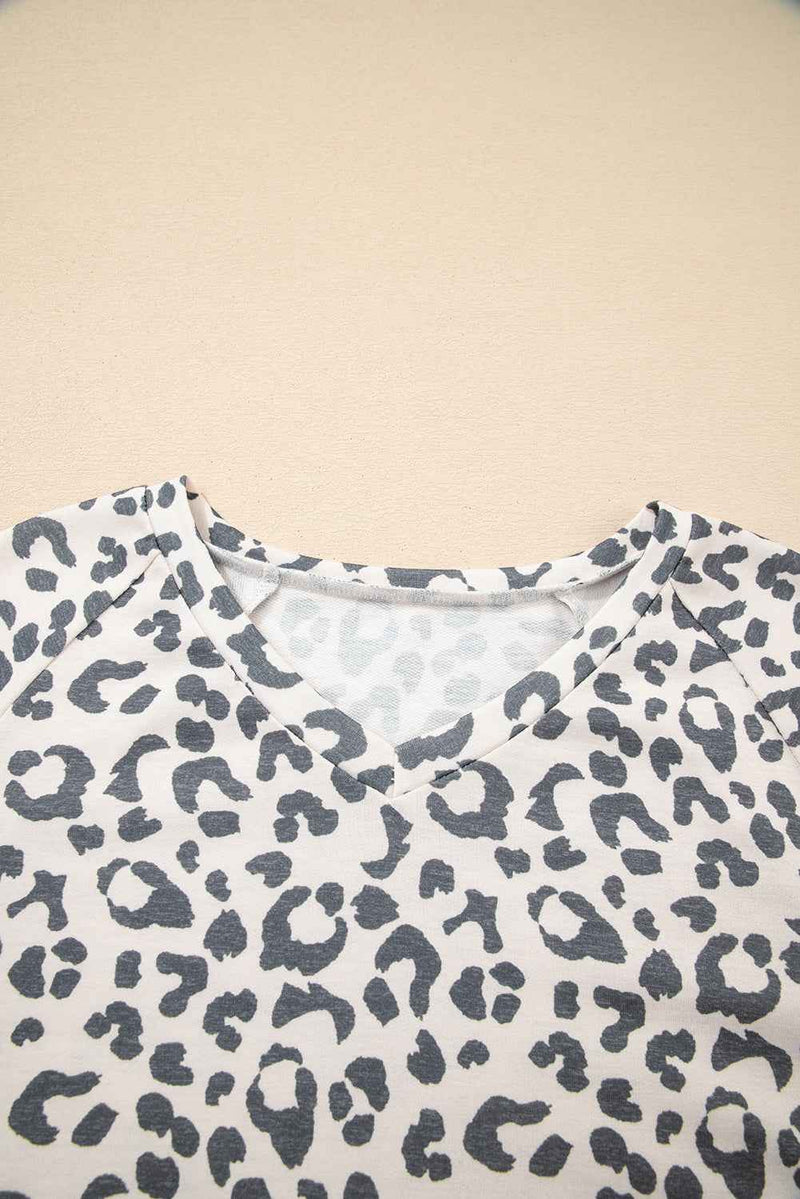 Gray Leopard Contrast Trim Long Sleeve Pullover and Pants Set