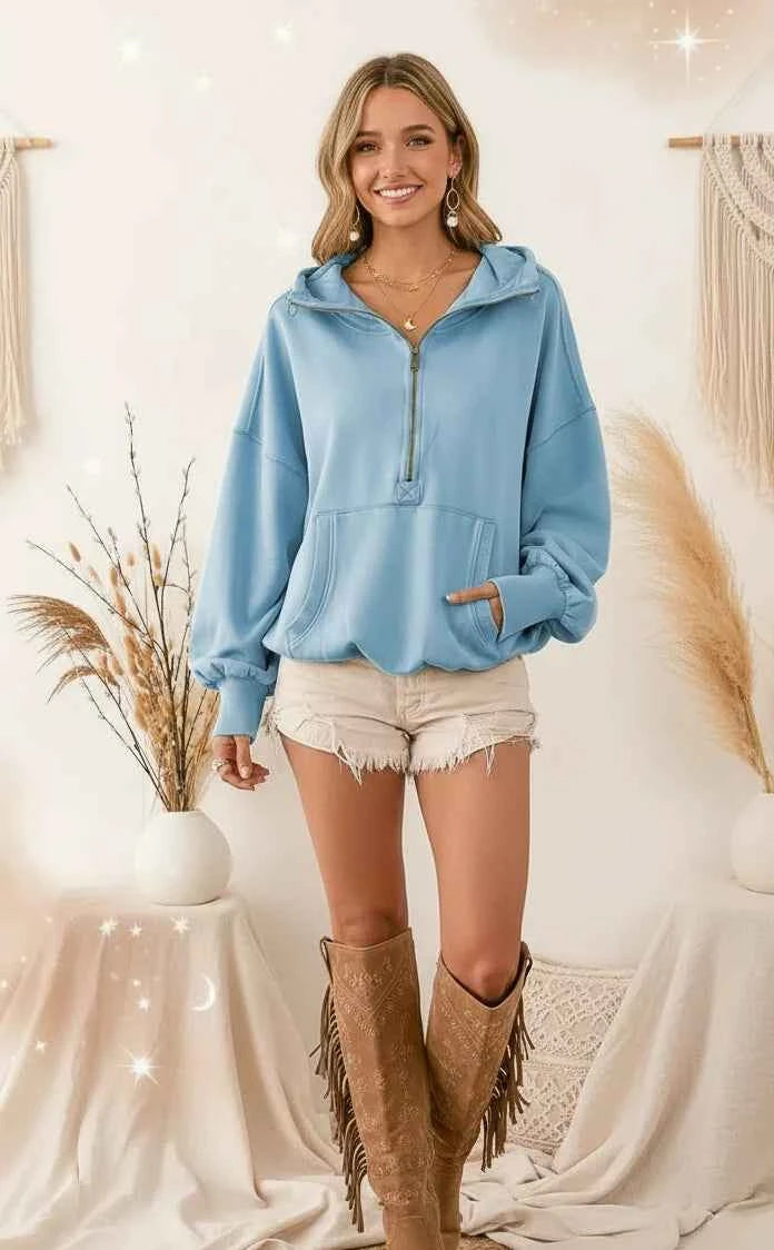 BiBi Stitch Detailed Elastic Hem Half Zip Fleece Hoodie - Velvet Stardust Co.