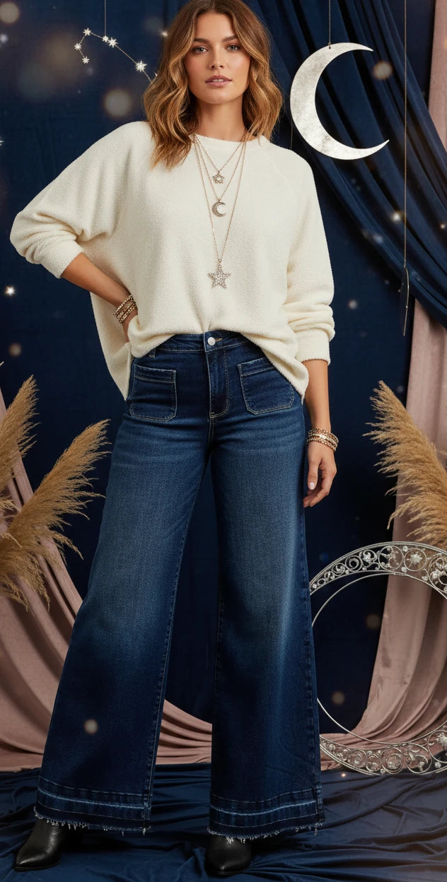 Judy Blue High Waist Palazzo Jeans with Front Patch Pockets - Velvet Stardust Co.