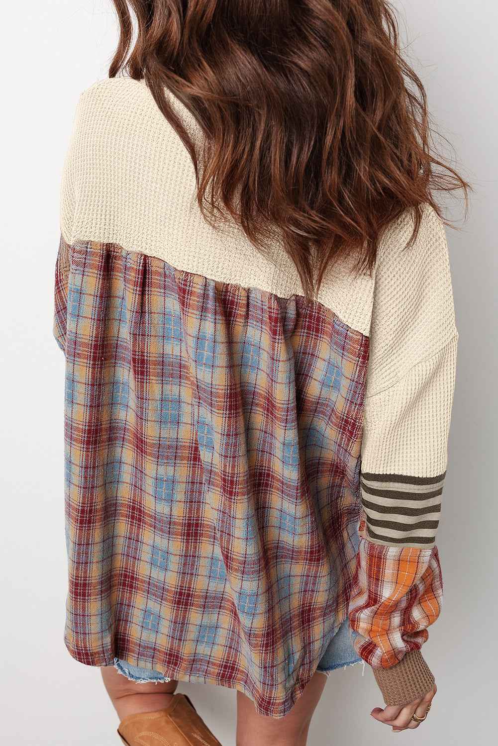 Straw Yellow Waffle Stripe Plaid Patchwork Henley Top - Velvet Stardust Co.