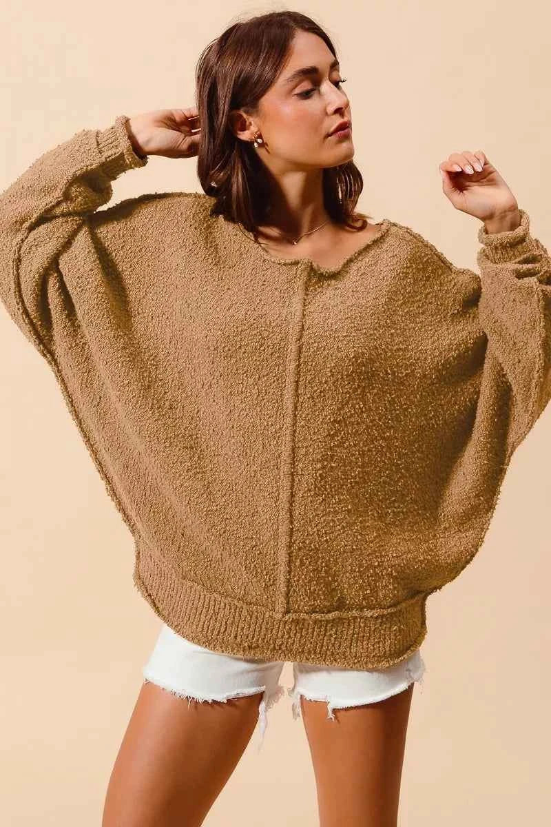 SO ME Loose Fit Exposed Seam Slouchy Boucle Sweater - Velvet Stardust Co.