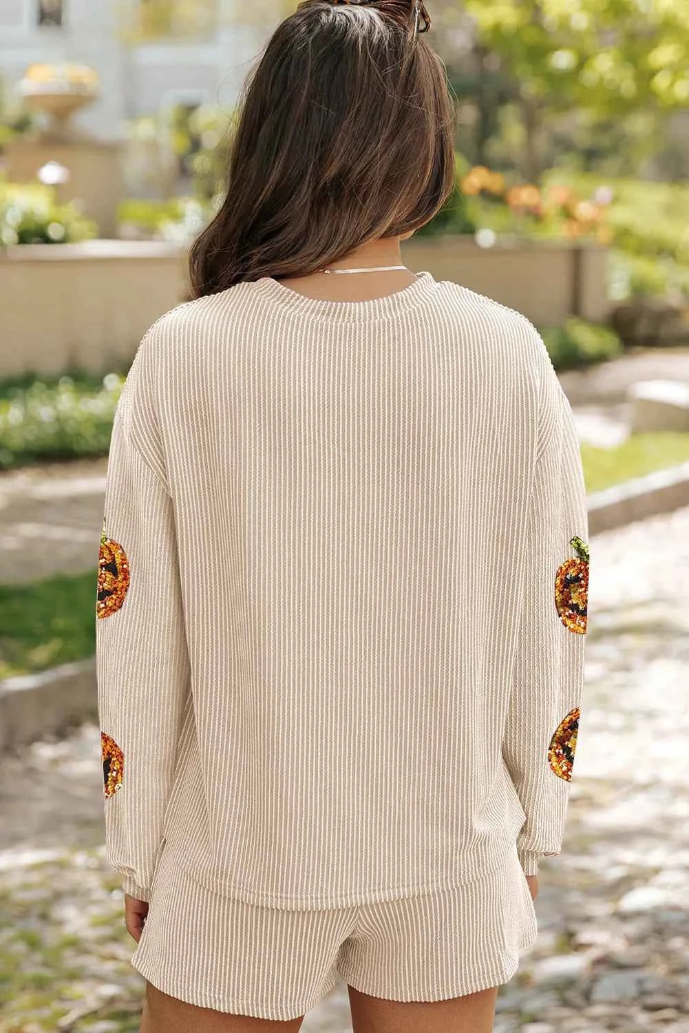 Sequin Pumpkin Round Neck Top and Shorts Set - Velvet Stardust Co.