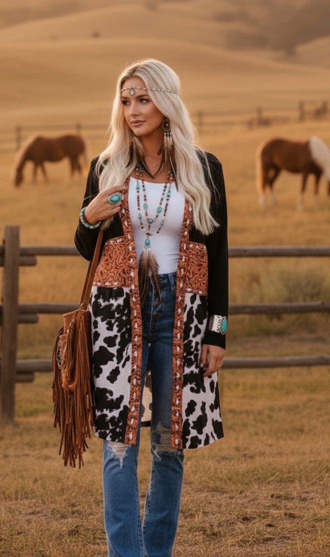 Black Western Pattern Cow Patchwork Open Front Cardigan - Velvet Stardust Co.