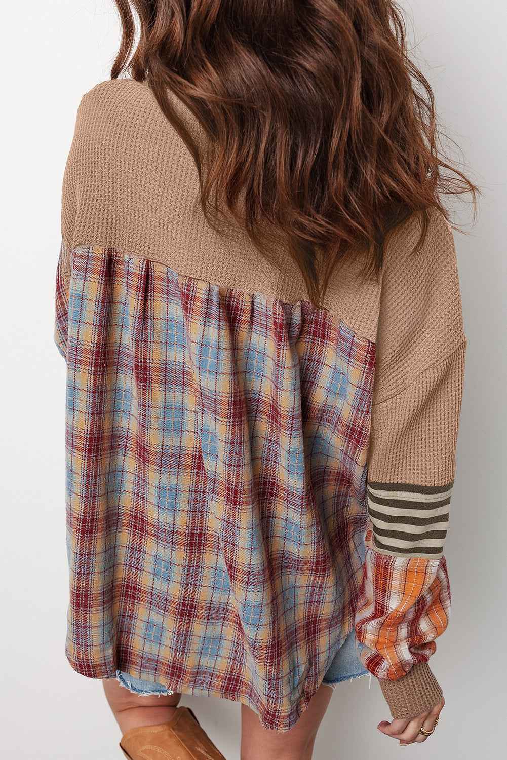 Straw Yellow Waffle Stripe Plaid Patchwork Henley Top - Velvet Stardust Co.