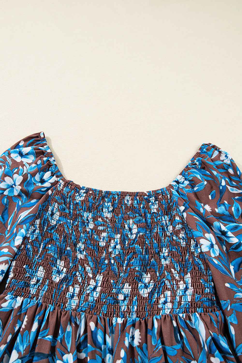 Blue Smocked Bodice High Waist Ruffled Sleeve Floral Dress - Velvet Stardust Co.