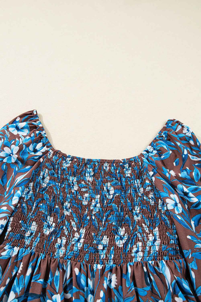 Blue Smocked Bodice High Waist Ruffled Sleeve Floral Dress