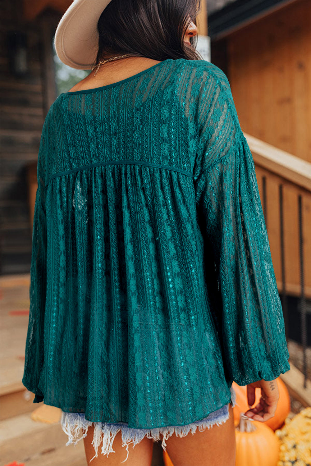Evergreen Sheer Lace Balloon Sleeve Babydoll Blouse - Velvet Stardust Co.