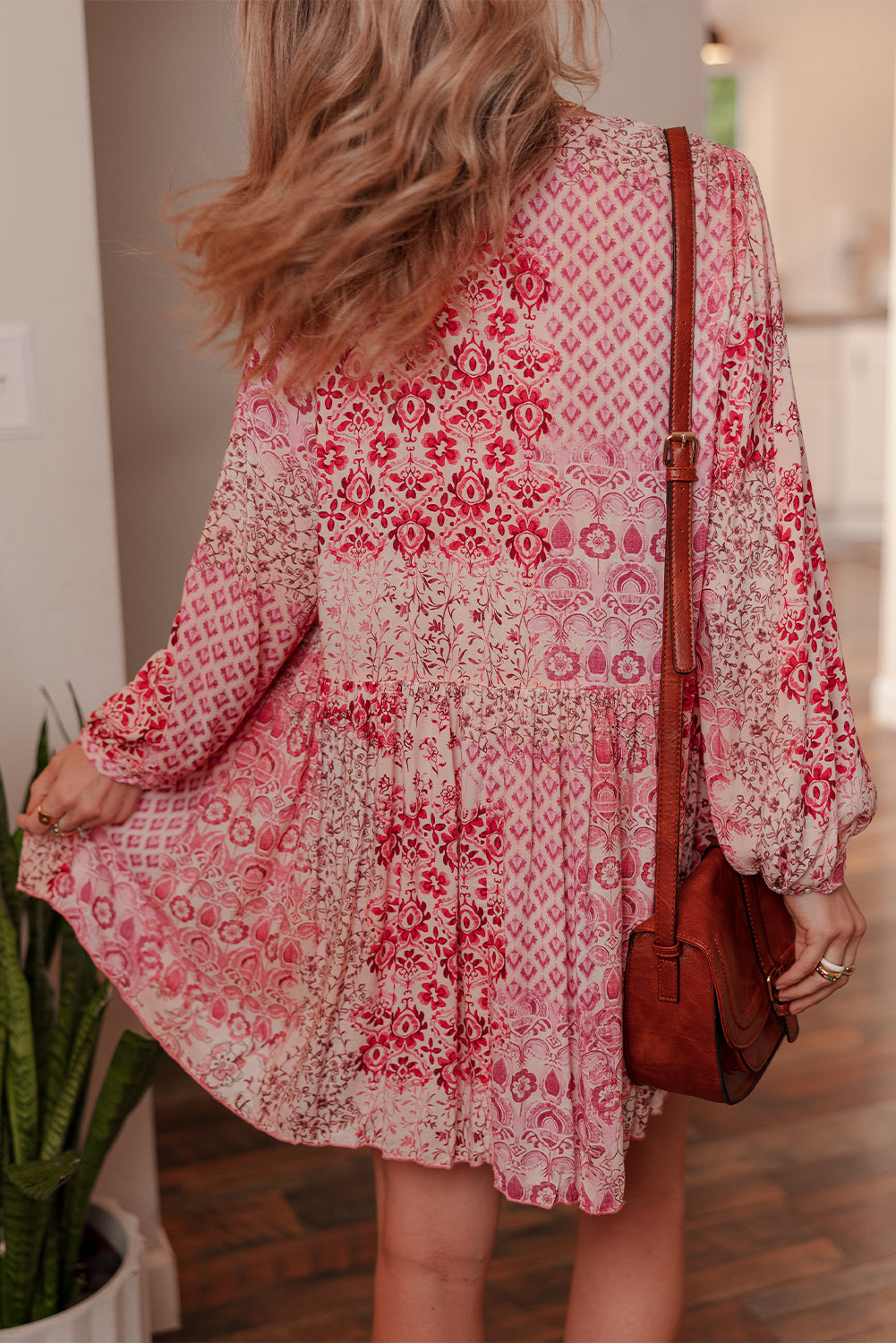 Pink Bohemian Floral Print Tassel Tie Long Sleeve Flowy Mini Dress - Velvet Stardust Co.