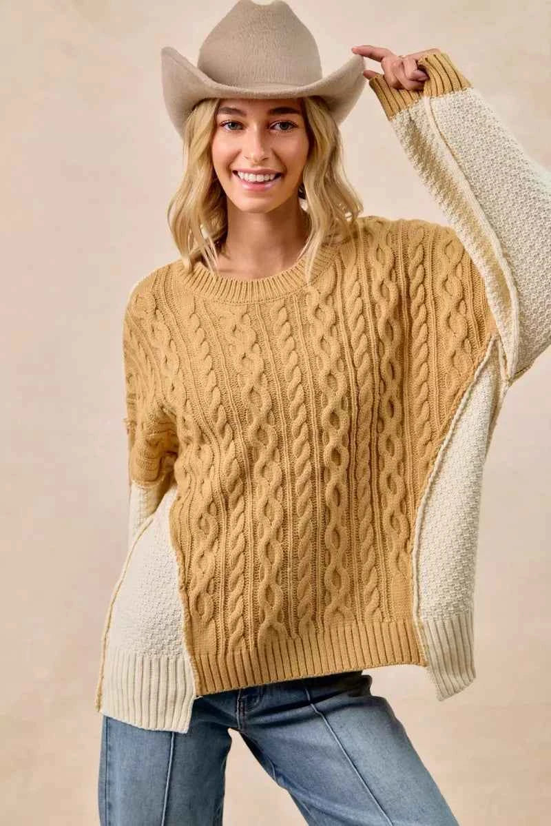 BiBi Cable Knit With Hacci Combo Sweater With Uneven Hem Detail - Velvet Stardust Co.