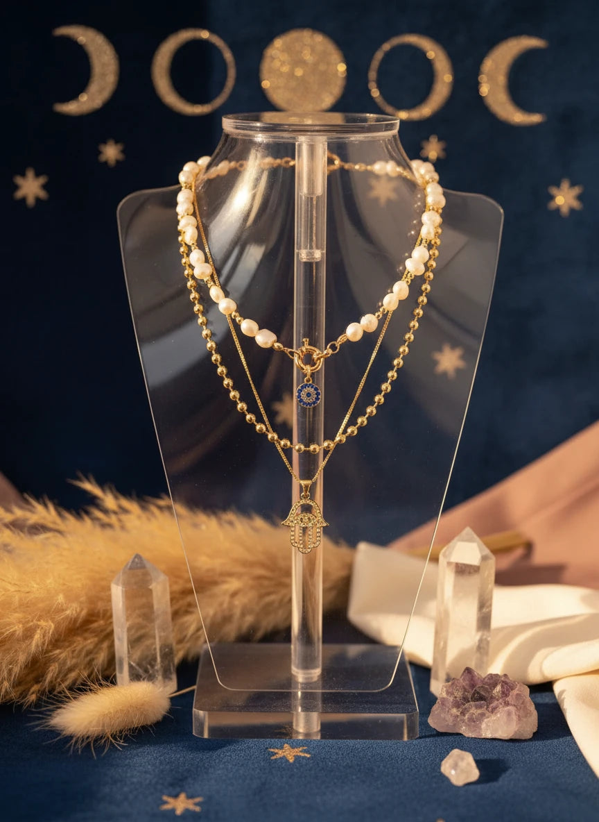 Layered Pearl Chain Evil Eye Hamsa Pendant Necklace - Velvet Stardust Co.
