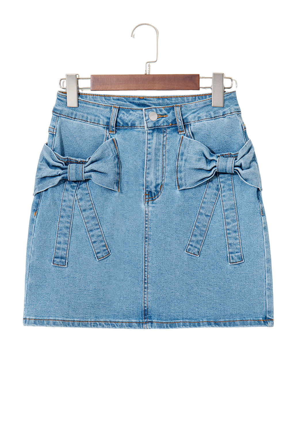 Dusk Blue Acid Washed Bowknot Details High Waist Denim Skirt - Velvet Stardust Co.