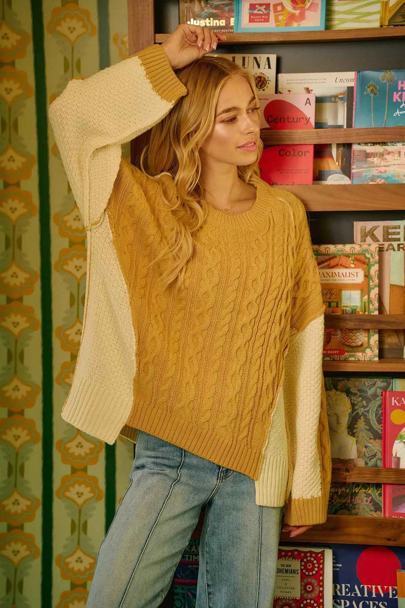 BiBi Cable Knit With Hacci Combo Sweater With Uneven Hem Detail