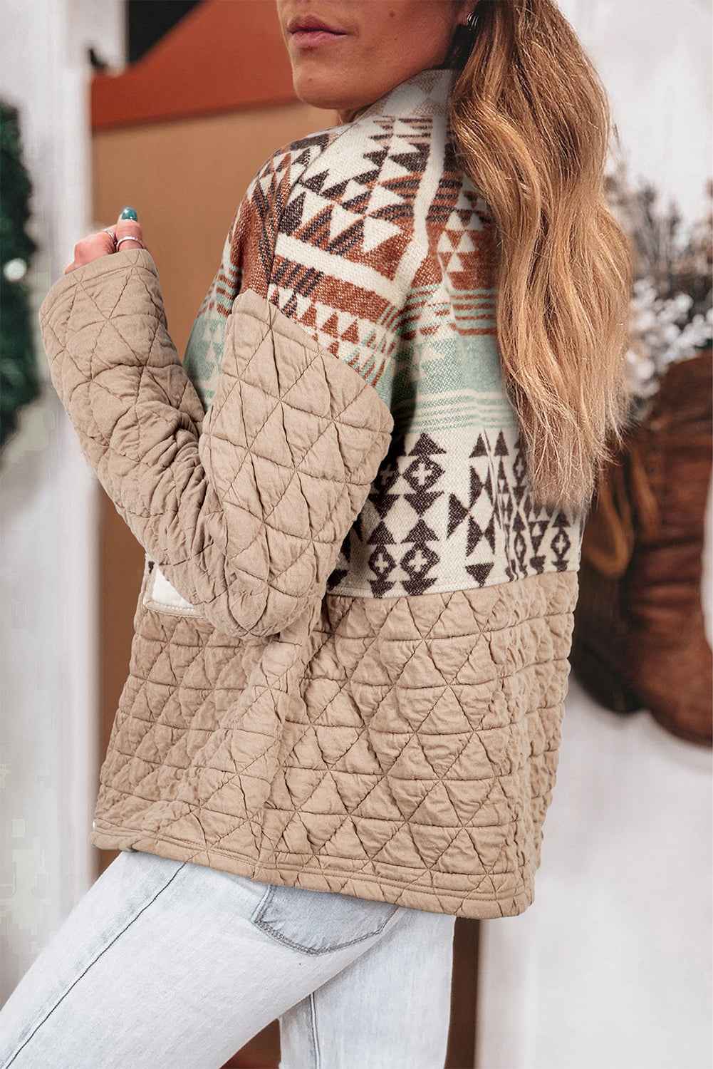 Light French Beige Geometric Quilted Patchwork Vintage Jacket - Velvet Stardust Co.