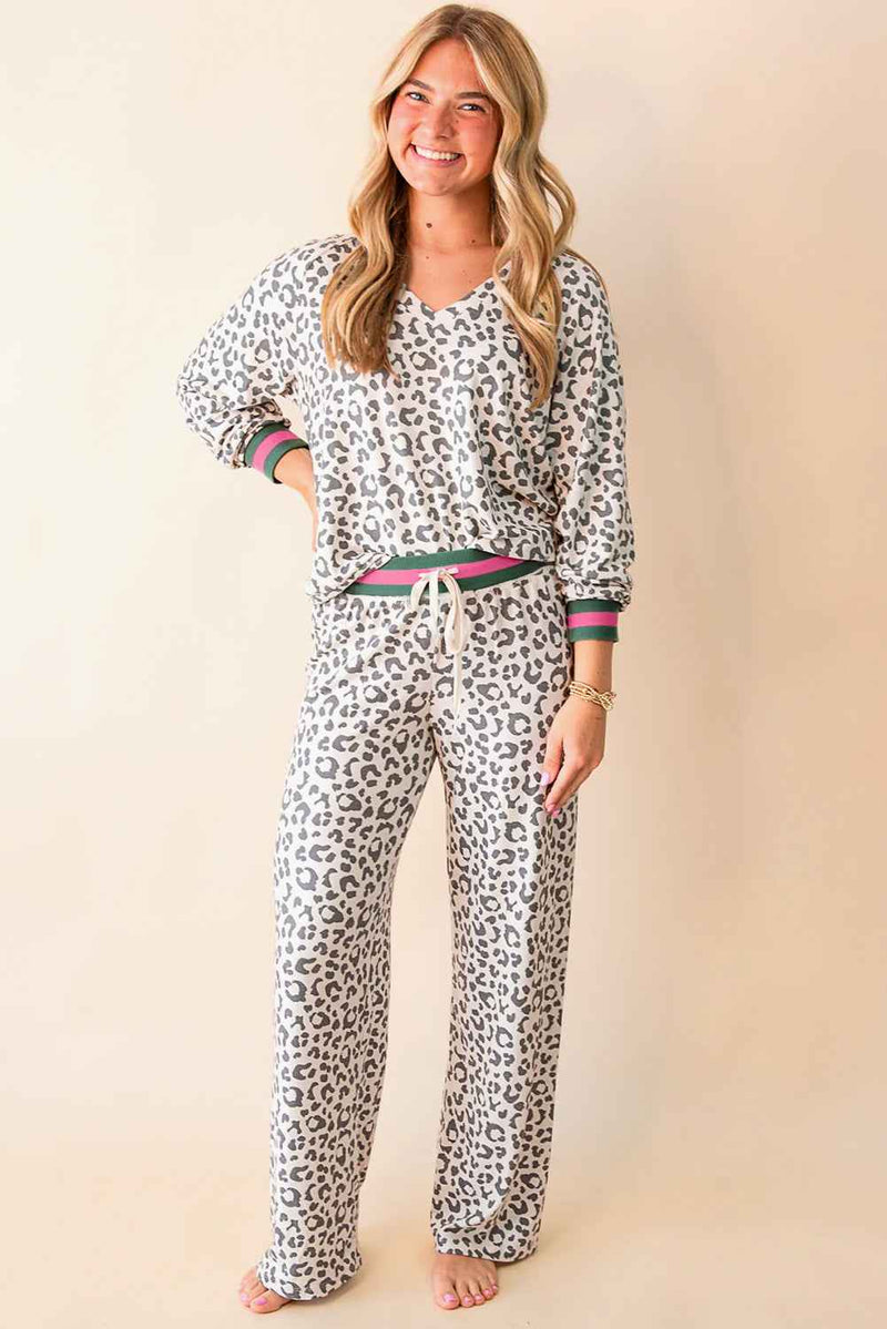 Gray Leopard Contrast Trim Long Sleeve Pullover and Pants Set