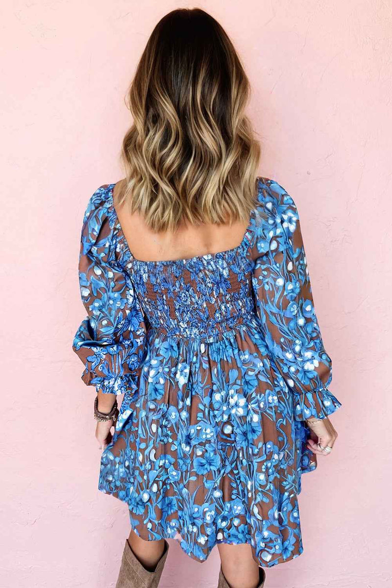 Blue Smocked Bodice High Waist Ruffled Sleeve Floral Dress