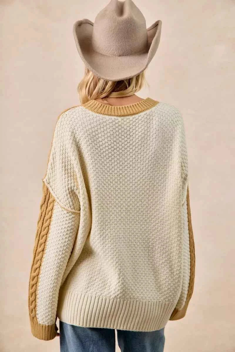 BiBi Cable Knit With Hacci Combo Sweater With Uneven Hem Detail