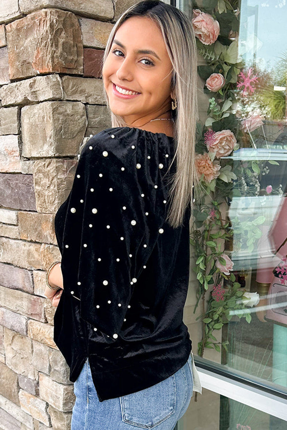 Black Pearl Beaded Half Sleeve Velvet Top - Velvet Stardust Co.