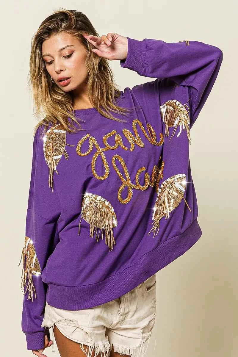 BiBi Sequin Football Patches Game Day Sweatshirt