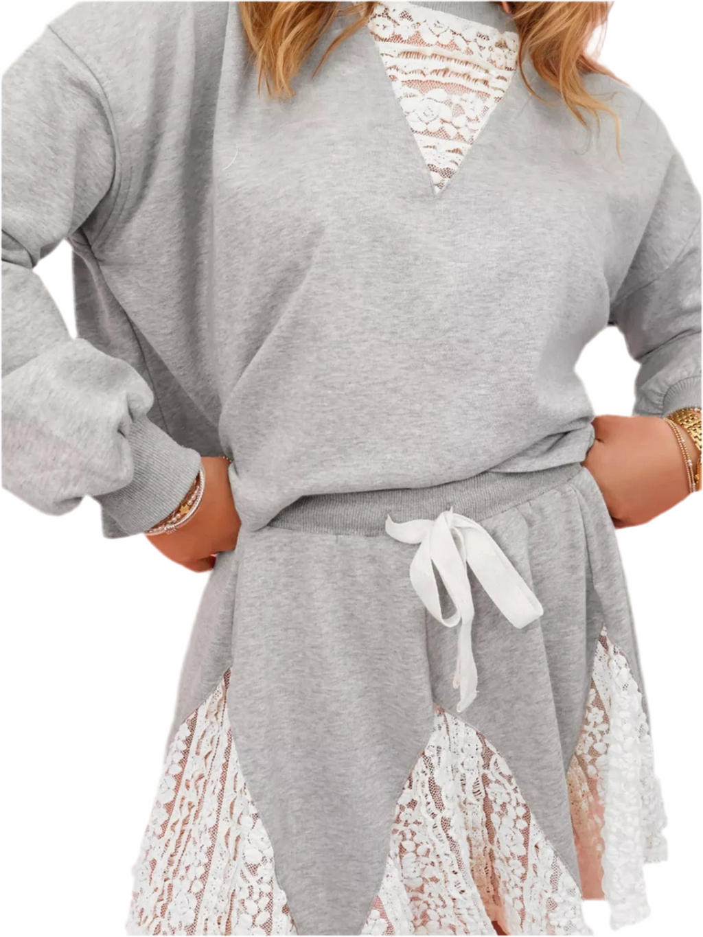 Lace Patchwork Drop Shoulder Top and Drawstring Skort 2pcs Outfit - Velvet Stardust Co.