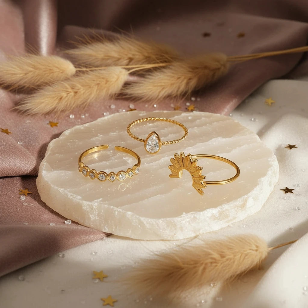 3 Piece Stainless Steel Rhinestone Sunburst Crown Ring - Velvet Stardust Co.