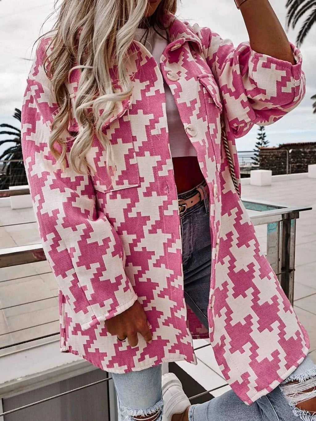Houndstooth Button Up Long Sleeve Outerwear – Velvet Stardust Co. - Velvet Stardust Co.