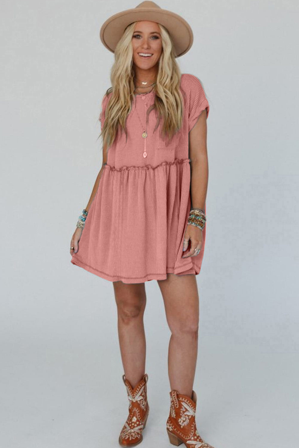 Dusty Pink Corded Knit Textured Patched Pocket Frilled Swing Mini Dress with Pockets - Velvet Stardust Co.