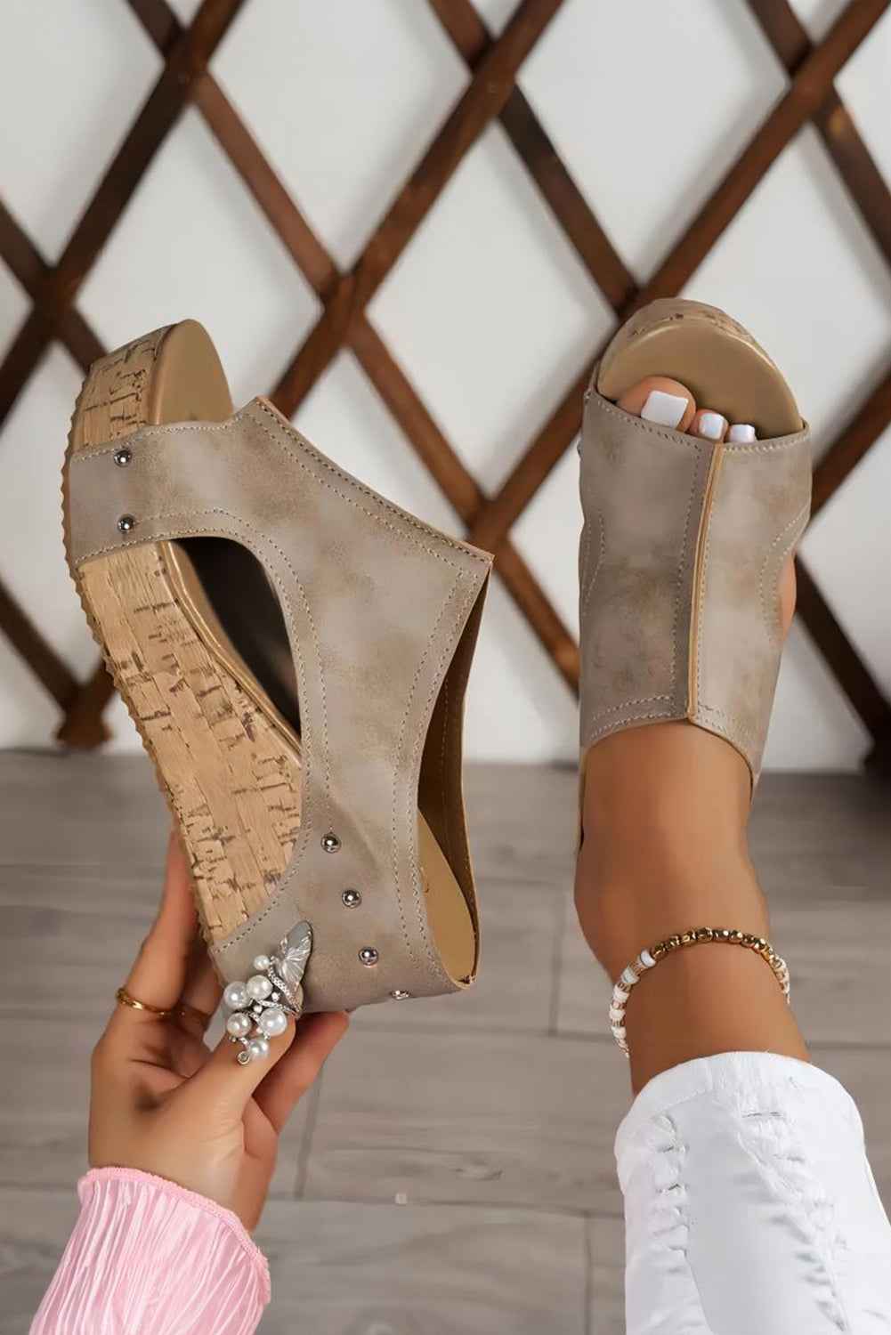 Gray Hollow Out Studded PU Leather Wedge Slides Shoes - Velvet Stardust Co.