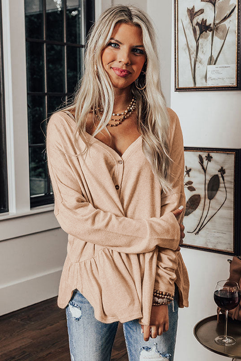 Jet Stream Ruffled V Neck Buttoned V Neck Shirt - Velvet Stardust Co.