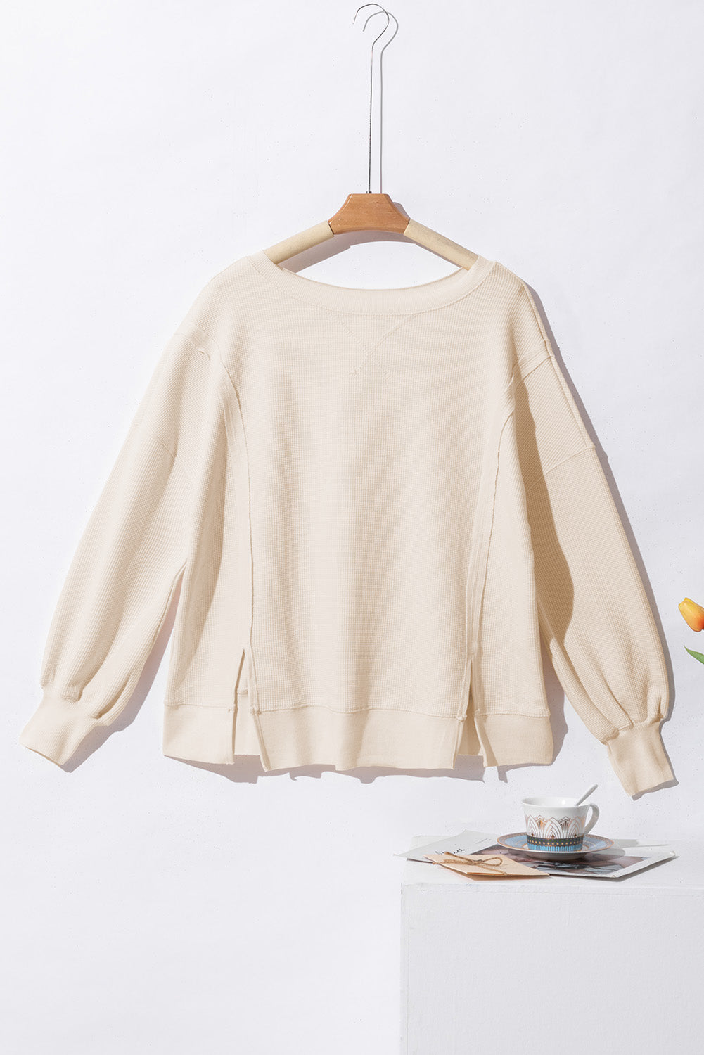 White Waffle knit Bishop Sleeve Split Oversized Top - Velvet Stardust Co.