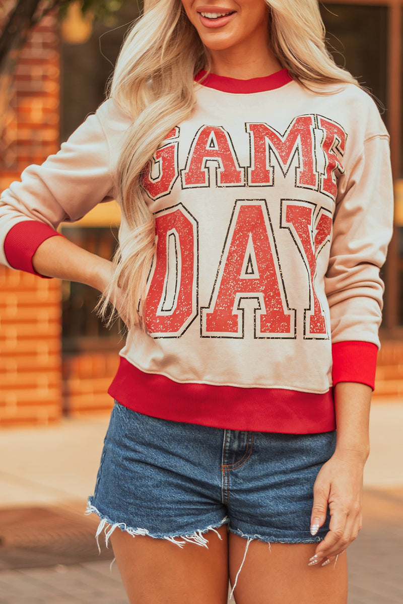 Oatmeal GAME DAY Letter Graphic Varsity Striped Detail Baggy Sweatshirt
