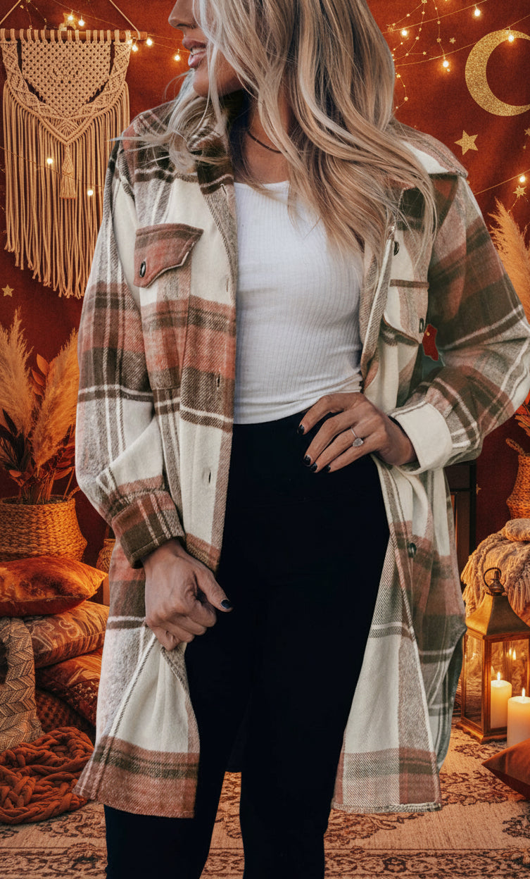 Brown Plaid Casual Button Up Long Shacket with Flap Pockets - Velvet Stardust Co.