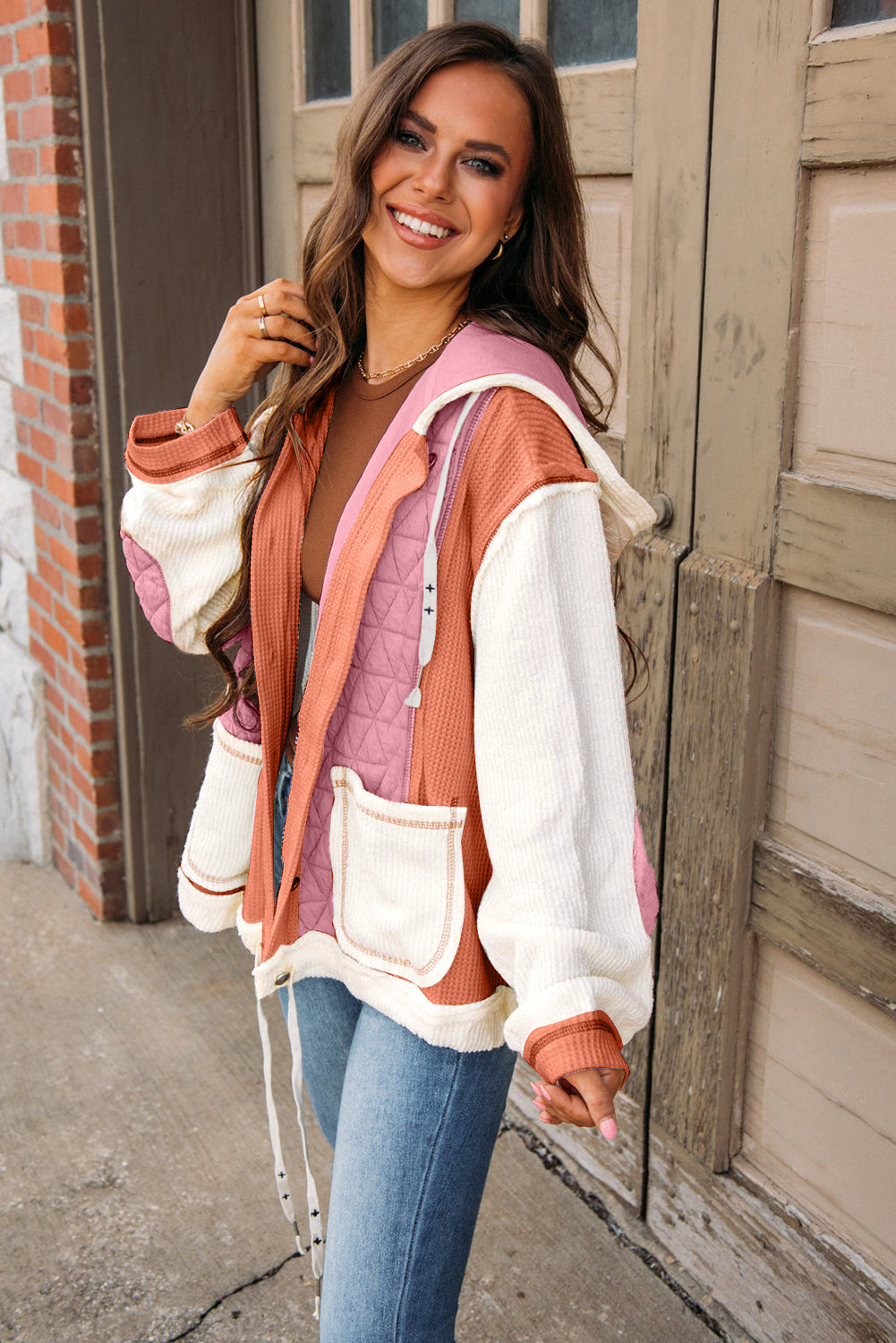 Coral Quilted Textured Patchwork Loose Fit Hooded Jacket - Velvet Stardust Co.