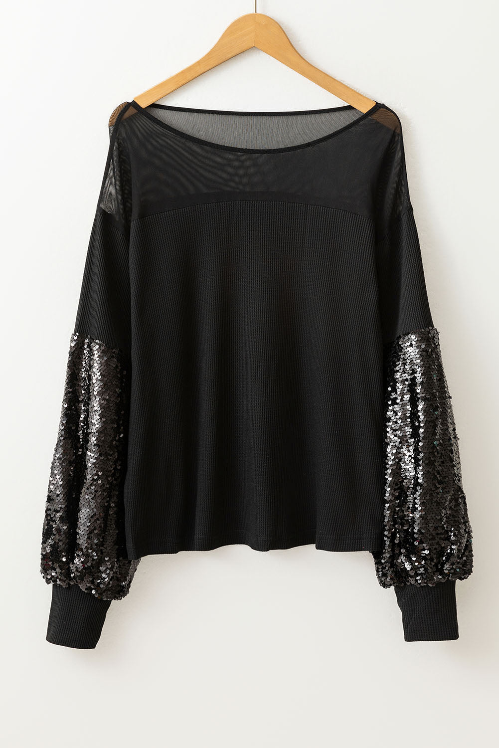 Black Sequin Patchwork Lantern Sleeve Blouse - Velvet Stardust Co.