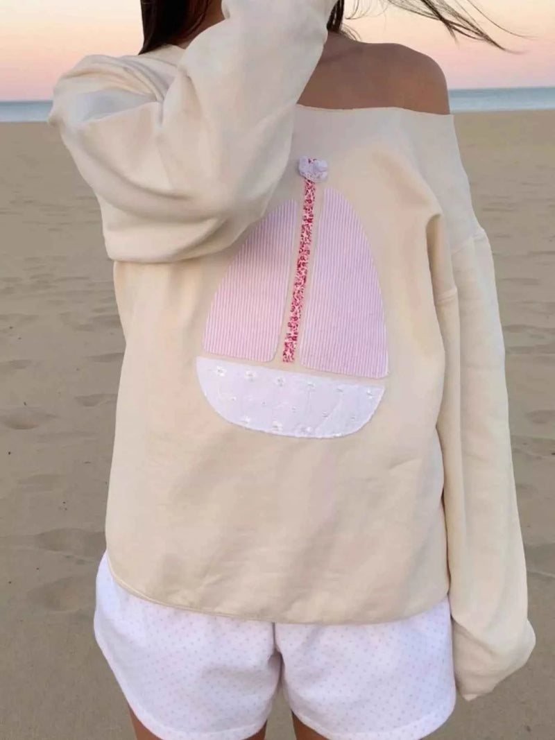 Boat Neck Long Sleeve Patchwork Sweatshirt